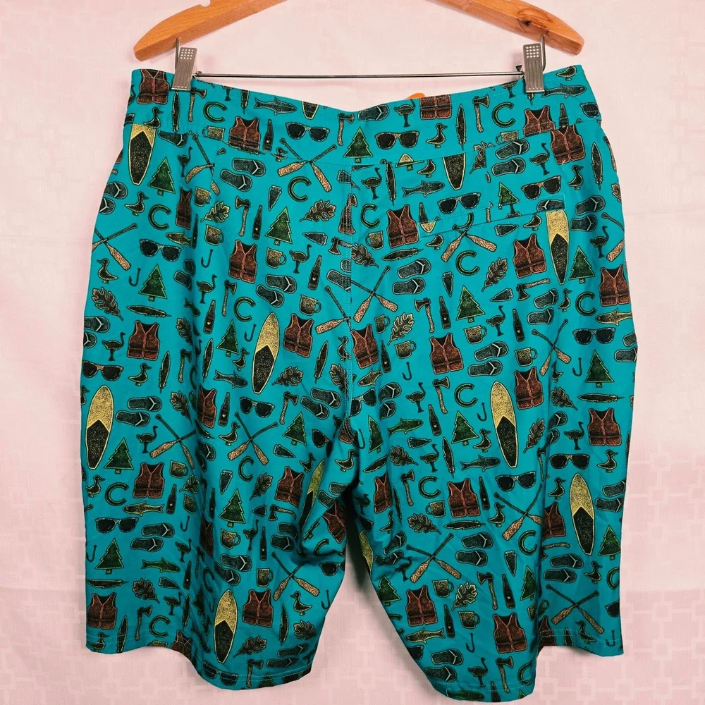 The Chive Mens Teal Camping Novelty Print Board Shorts Swim Trunks Size 36